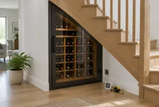 Espace sous un escalier aménagé en cave à vin avec bouteilles, thermomètre-hygromètre et mètre ruban.