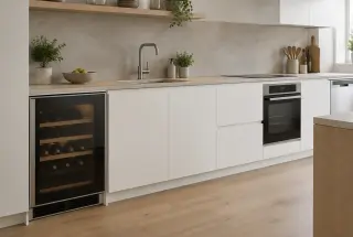 Cave à vin encastrée dans une cuisine, installée à distance du four et de la plaque de cuisson.
